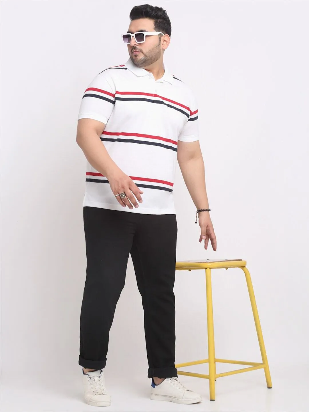 plusS Plus Size White Striped Polo Collar Cotton T-shirt