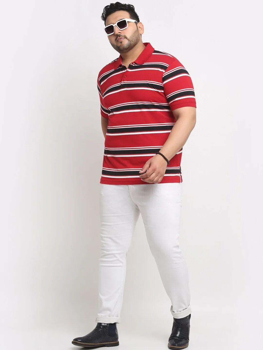 plusS Red And Black Striped Polo Collar Cotton T-Shirt