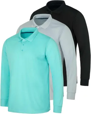 Real Essentials 3 Pack Men's Dry Fit Long-Sleeve Active Polo Shirt Casual Performance Golf (Available in Big & Tall)
