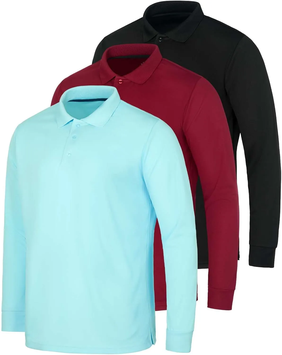 Real Essentials 3 Pack Men's Dry Fit Long-Sleeve Active Polo Shirt Casual Performance Golf (Available in Big & Tall)