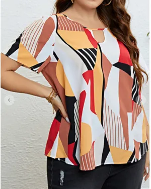 Red Yellow White Pattern Patchwork SS Top