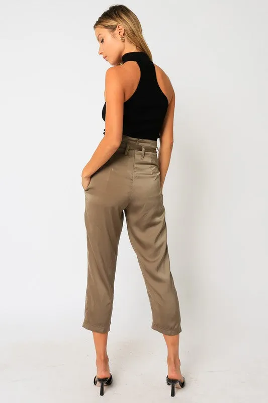 SATIN BELTED PANTS OLIVE