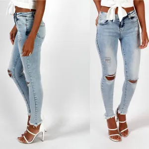 Sexy Light Blue Hole Low Waist Slim Pants