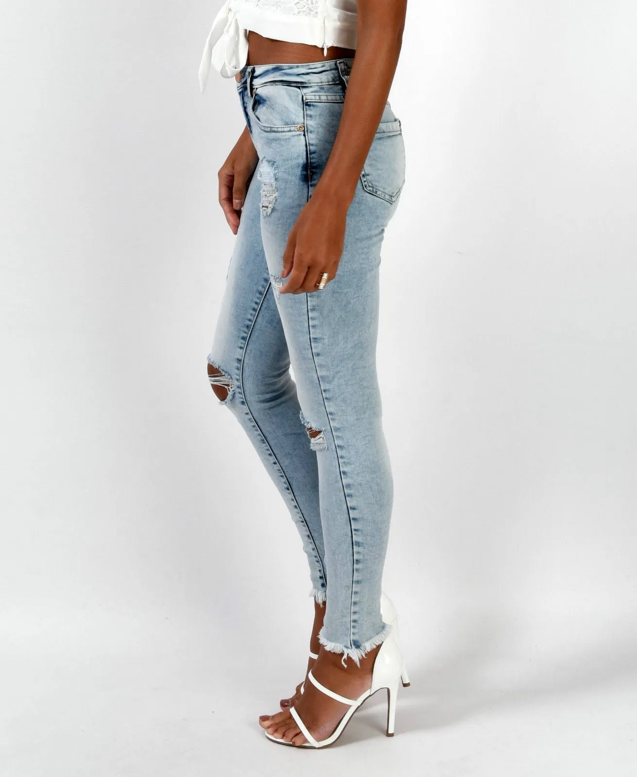 Sexy Light Blue Hole Low Waist Slim Pants