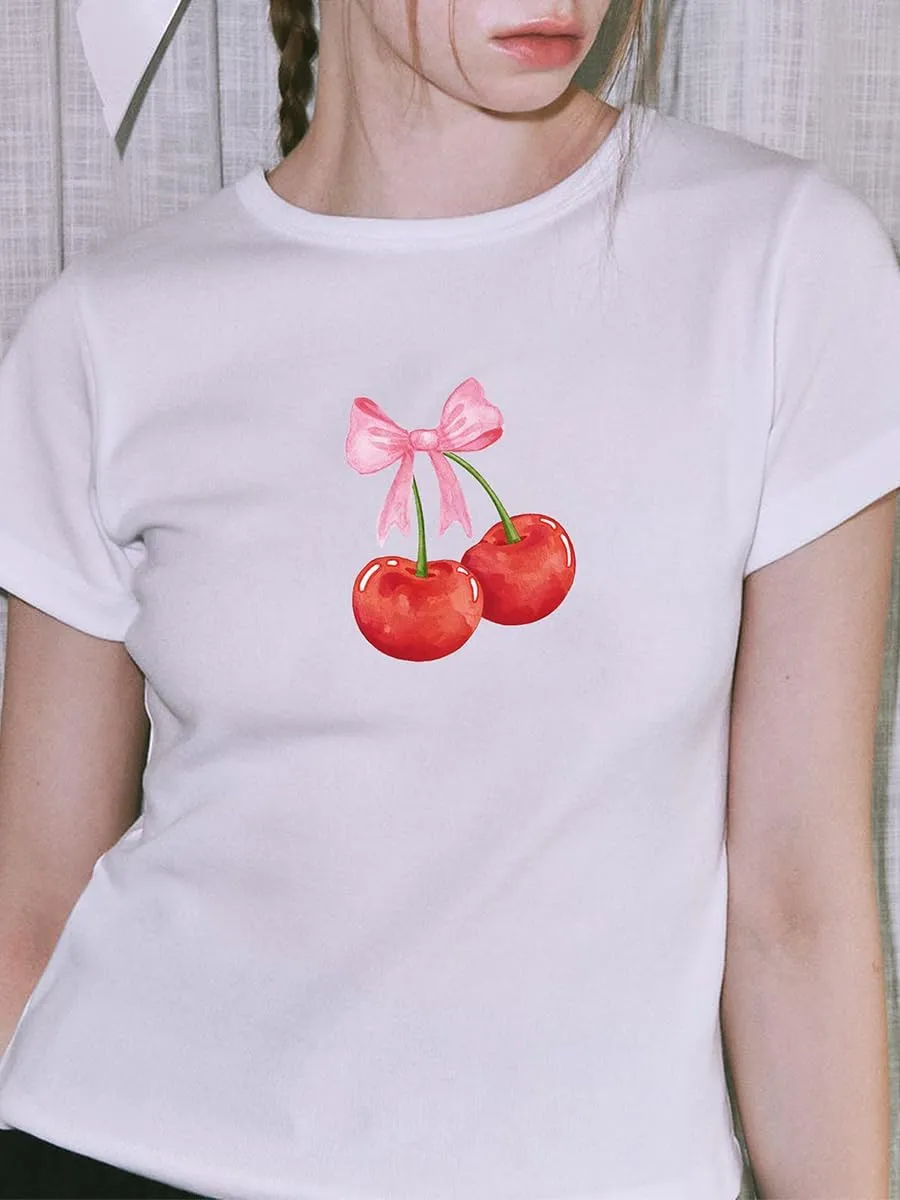 Short Sleeve Graphic T Shirts for Women Teens Y2k Bow Print Aesthetic Crop Tops Cute Baby Tee Summer Fashion 2024