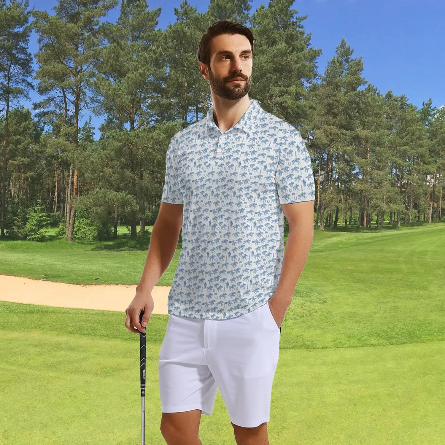 SKYNORA Golf Shirts for Men, Polo Shirts Short Sleeve Moisture Wicking Quick Dry Performance Print Golf Polo Shirts for Men