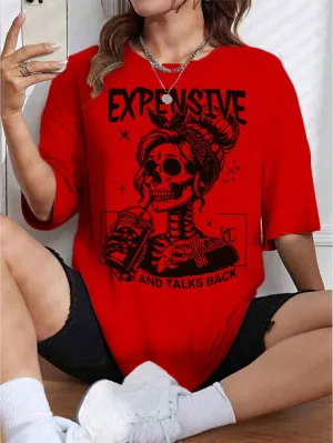 Women Skull Printed Loose Round Neck Short Sleeve T-Shirt