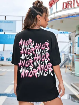 Women's Summer Letter Print Round Neck Drop Shoulder